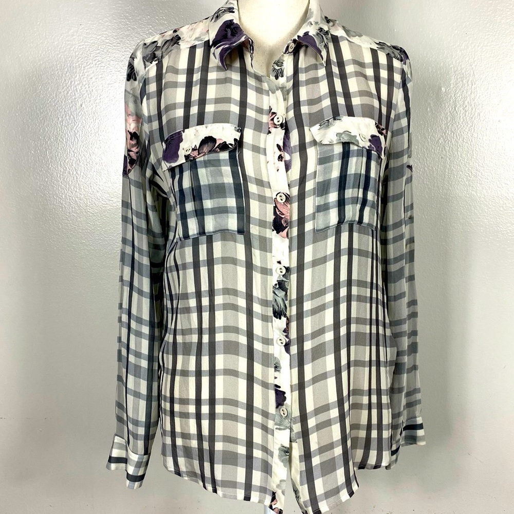 Paige Silk button down floral and plaid mix print blouse size Small